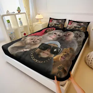 3-Piece Fun Monkey Party Print Fitted Sheet Set, Animal-Themed Bedding Set, Quilted Design, Soft and Comfortable, Suitable for All Seasons, Perfect for Bedroom and Guest Room Decor, A Great Gift