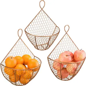 MyGift Set of 3, Farmhouse Copper Metal Wire Mesh Wall Hanging Baskets, Wall-Mounted Storage Basket, Decorative Kitchen Fruit Wall Basket Produce Holder