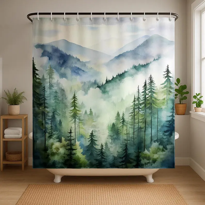 Mountain Shower Curtain, Misty Foggy Forest Shower Curtain, Nature Scenery Landscape Shower Curtain