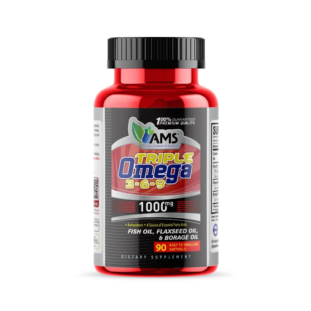 AMS Triple Omega 3-6-9 1000mg - 90 Softgels for Heart Health & Cognitive Function - Fish Oil, Flaxseed Oil & Borage Oil Blend - Healthcare Supplement