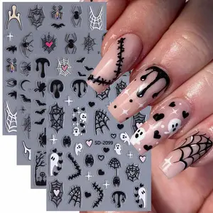 4 Sheets Halloween 3D Nail Stickers with Ghost Bat Spider Web Blood Design, Self-Adhesive Nail Art for Women and Girls, Festive Nail Decoration