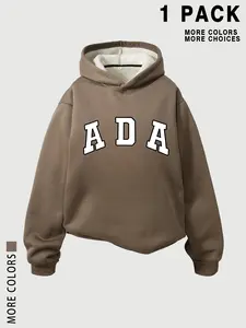 Women's Thick Hooded Sweatshirt with Ada Print, Casual Warm Woolen Pullover for Fall & Winter, Fashionable Slim Fit Design
