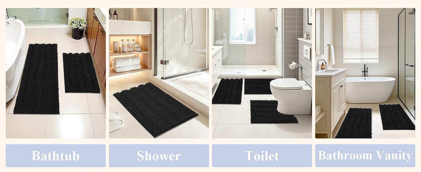 [Back to School] HEBE 3-Piece Non-Slip Washable Chenille Bathroom Rugs Sets with U-Shaped Toilet Mat, Super Absorbent Thick Plush Bath Mats for Shower & Tub Area, Bathroom Accessories