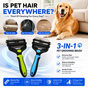 Cirlyce 3-in-1 Pet Grooming Brush for Dogs and Cats, Multi-functional Shedding Tool and Undercoat Rake for Loose Hair & Tangles, Random Color(Green/Blue)