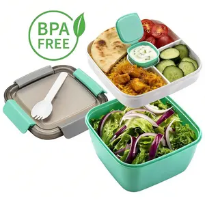 All-in-One Reusable Salad Container 52oz Large Salad Bowl with 3 Compartments Toppings Tray Leakproof Sauce Container Airtight Lid Reusable Fork Dishwasher Microwave Safe Lunch Box Tableware