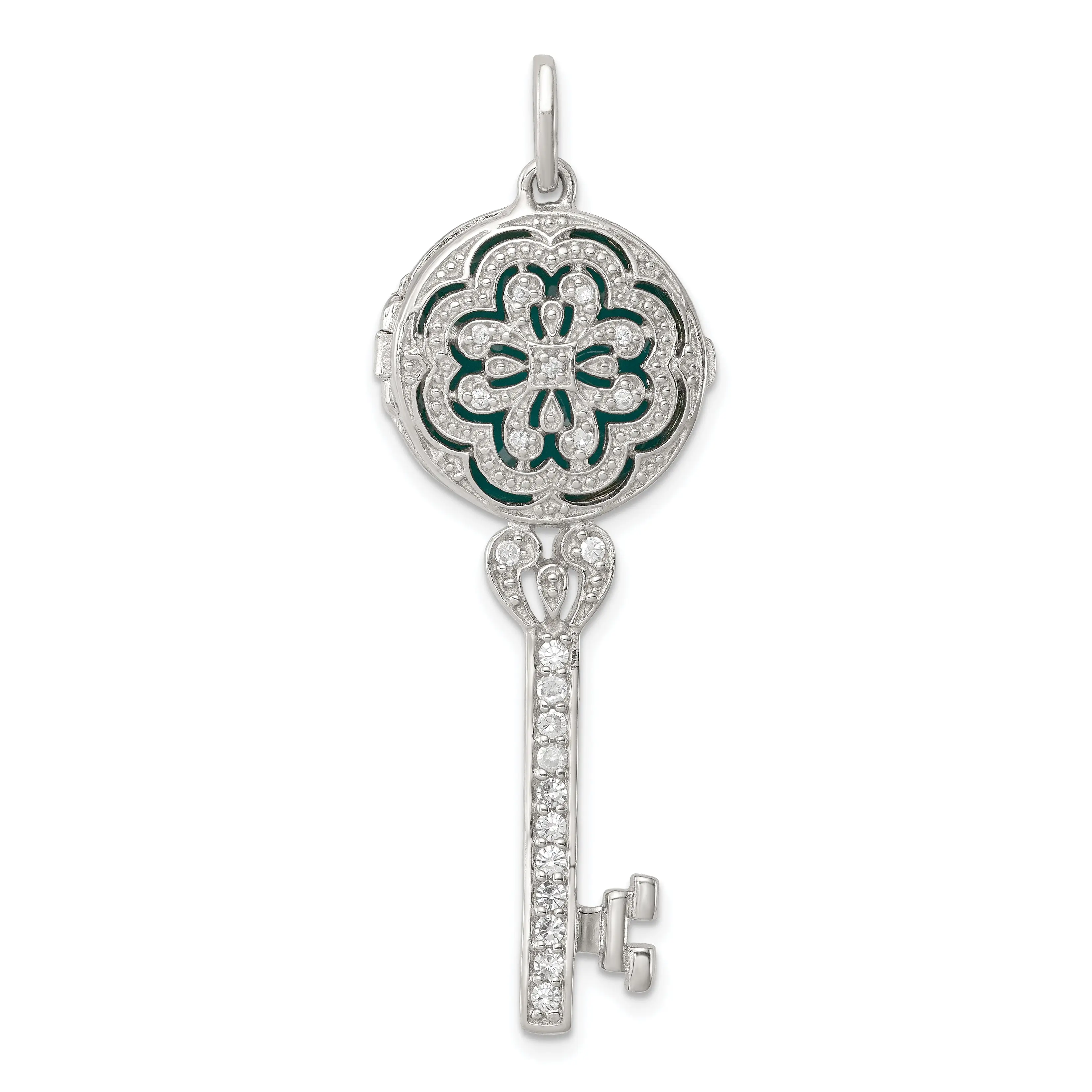 Sterling Silver Rhodium-plated CZ Filigree Enameled Top Key Locket Pendant
