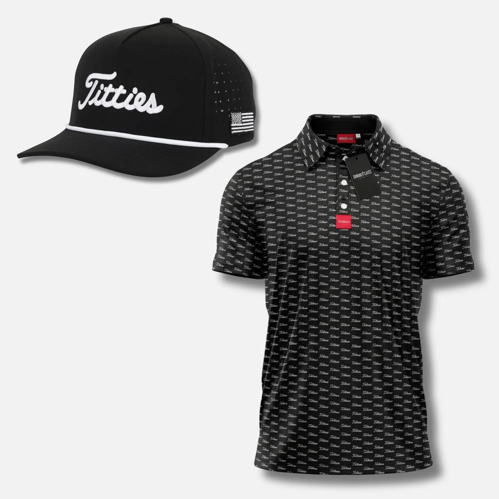 Ultimate Titties Bundle – Black & White Titties Golf Hat and Polo Set