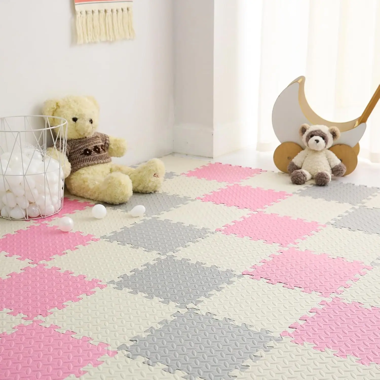 0.4 Inch Thick Interlocking Foam Play Mat for Baby, Soft Non-Toxic Solid Color Puzzle Baby Playmat, 16 Tiles Kids Floor Mats for Toddler (White/Light Gray/Pink)