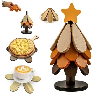 Wooden Trivets for Hot Dishes, Wooden Tree Trivet Set, Natural Tree Trivet Set - Foldable Wooden Tree Coasters for Kitchen Counter, Hot Pots and Pans, Heat Resistant Table Protectors