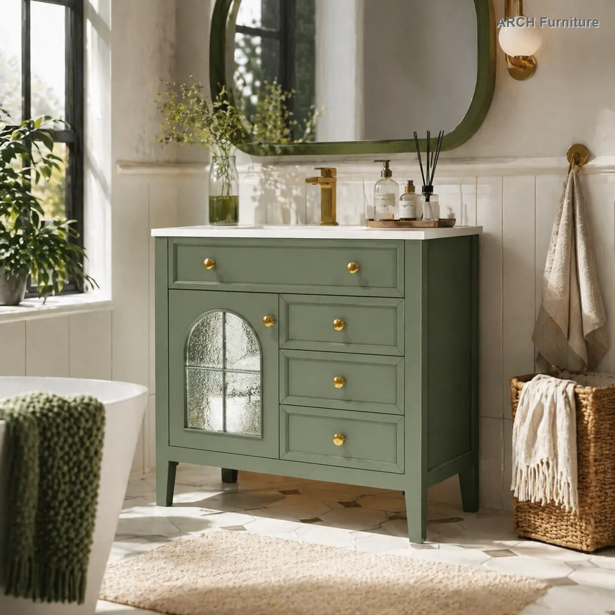 35.6" Mid-Century Farmhouse Freestanding Bathroom Vanity Sink - MDF Wood Storage Cabinet with Antique Decorative Glass, Motion Sensor Lights Strip, Thick Base, Quick-Install High-End Green Restroom Cupboard, Drawer-Equipped Floor Cabinets, Two-Story Floor