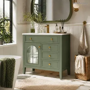 35.6" Mid-Century Farmhouse Freestanding Bathroom Vanity Sink - MDF Wood Storage Cabinet with Decorative Antique Glass, Motion Sensor Lights Strip, Thick Base, Quick Install High-End Green Restroom Cupboard
