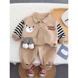 NewAutumn New Boys' Turn- Collar Long Sleeve Bear Head Stripe Print Shirt Two-Piece Set, Spring Baby Boys' Casual Fashion Pants Set, Perfect for Outdoor