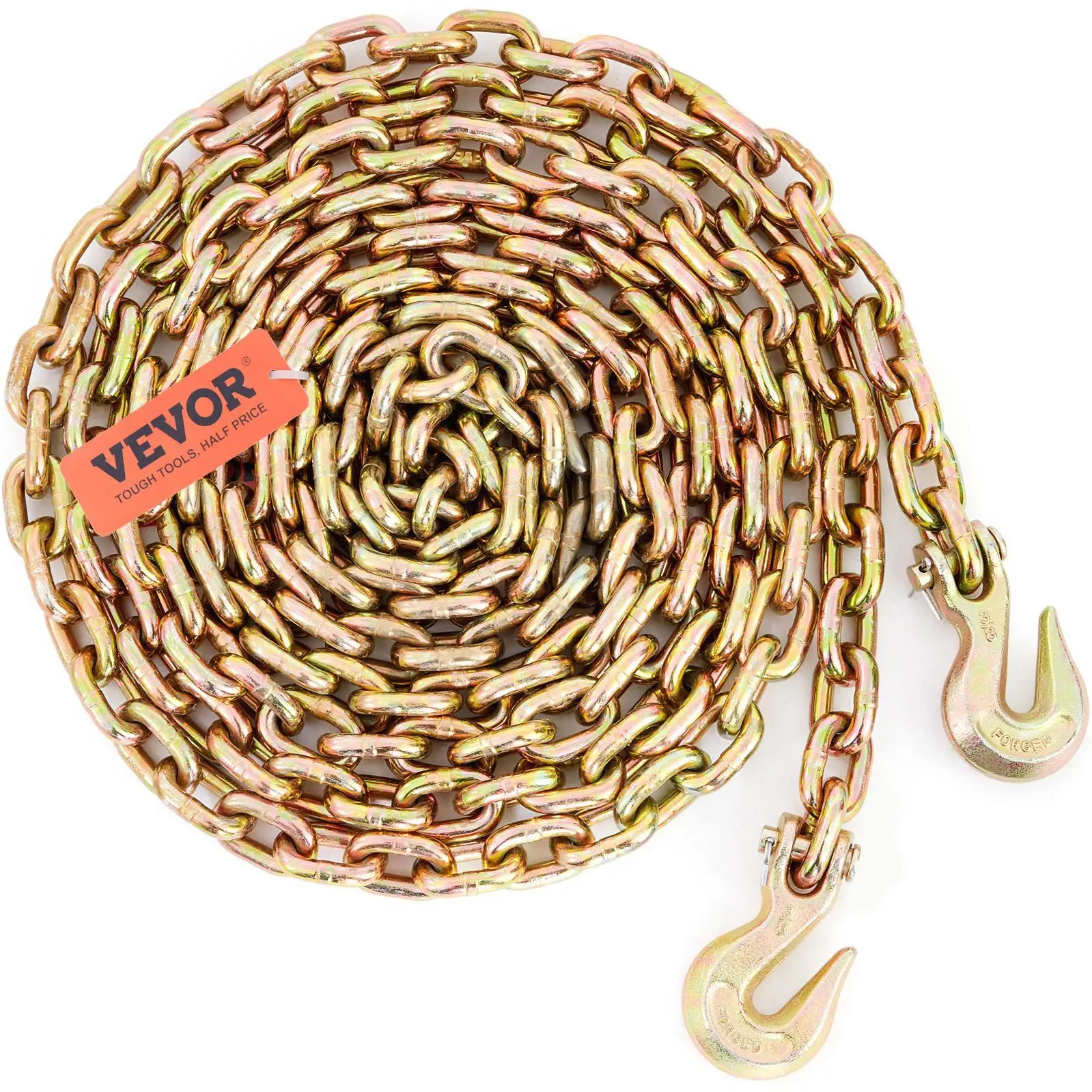 VEVOR G80 Transport Binder Chain - 7100 lbs Load Limit, 3/8 Inch x 20 Ft Steel Tow Chain with Grab Hooks - DOT Compliant, Galvanized Manganese Steel - For Construction, Dock, Factory Tie Down - Ideal for Heavy Duty Applications