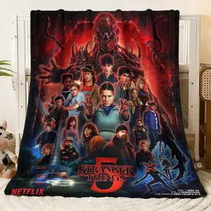 Stranger Things 3 Themed Fleece Blanket - Netflix Original Series Inspired Soft Throw Blanket for Bedroom Sofa, Featuring Iconic Characters & Demogorgon Design, Perfect for Fans of Sci - Fi Horro