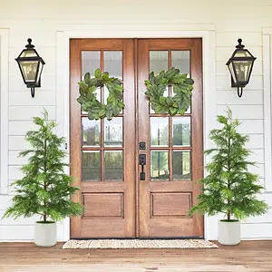 🎄 2 Pack 3FT Artificial Cedar Topiary Trees – UV Rated Potted Plants for Front Porch, Entryway, Living Room or Office – Perfect Christmas Tree Alternative! 🌿