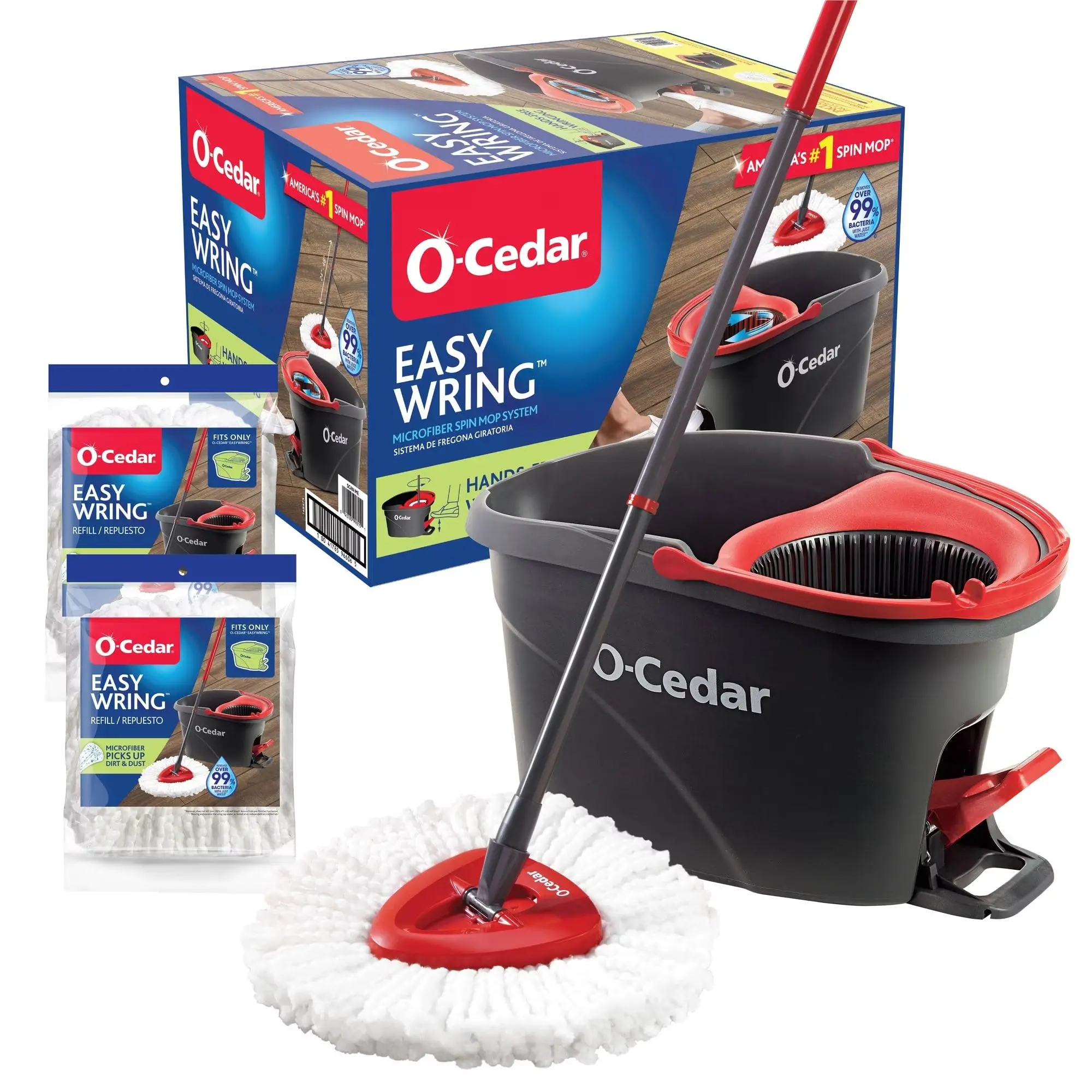 O-Cedar EasyWring Microfiber Spin Mop & Bucket System with 1 Extra Mop Head Replacement (2 Total Refills)