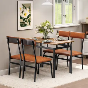 5-Piece Dining Table Set – Wooden Kitchen Table with 4 PU Upholstered Chairs, Industrial Metal Frame Dinette for Dining Room