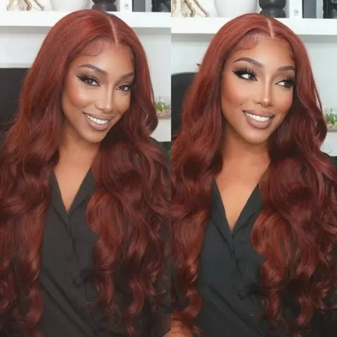 BLING HAIR Women's Heat Resistant Human Hair HD Lace Front Wig, Female Body Wave, Reddish Brown Auburn, 13x6 & 13x4 Transparent Cover, Pre-Plucked, Back to School Fashion Accessory, Washable