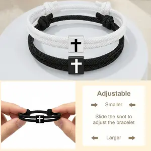ROTUNOE 2PCS Adjustable Cross Braided Rope Bracelets for Men Women, Christian Jesus Faith Bracelet Set, Handmade Woven String Bracelet for Couples, Baptism Gift, Easter Christmas Graduation Religious Jewelry Gift
