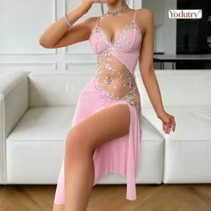 Yodutry | Elegant and pure desire nightgown with sexy hollow mesh perspective irregular embroidery flower band design, soft and breathable elastic fabric, comfortable and slim fit, charming fashion sleepwear, romantic occasions, private date set for women