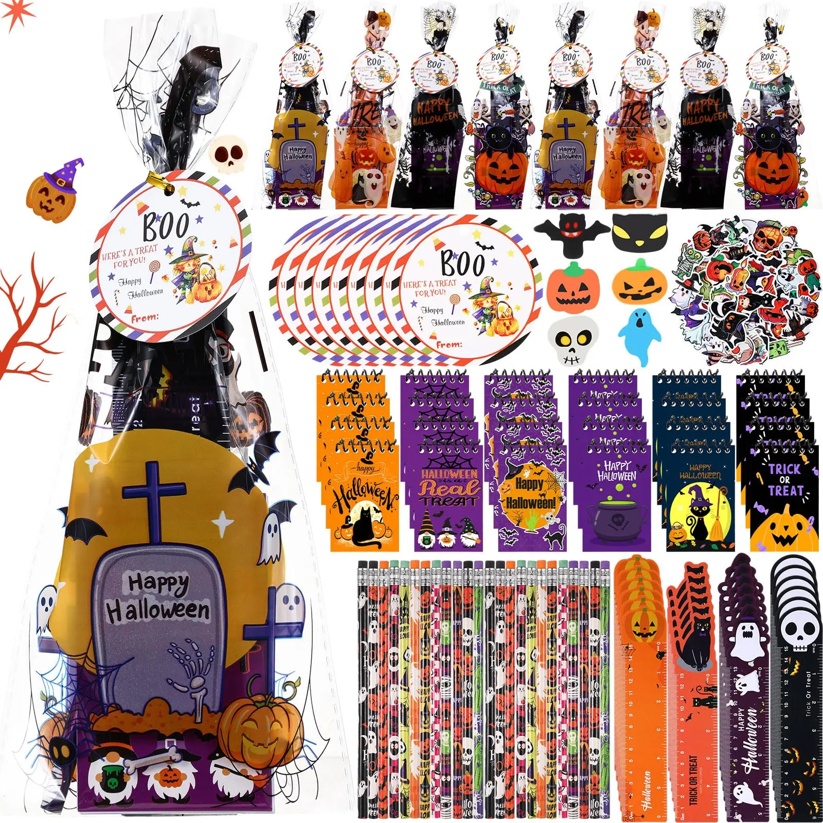 24 Sets Halloween Party Favors for Kids, Stationery Gift Set Notebook Pencil Ruler Eraser Sticker, Halloween Trick or Treat Goodie Bag Stuffers Classroom Gifts School Prizes Class Rewards Kindergarten Preschool Elementary for Students Boys Girls