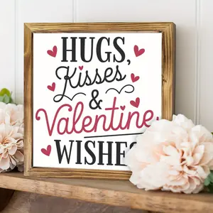 1pc Vertical Hanging Wooden Framed Sign - 2D Hugs, Kisses & Valentine Wishes Lettered Wall Decor, Modern Wooden Decor Home Plaque, Ideal for Valentine Gifts & Housewarming Occasions