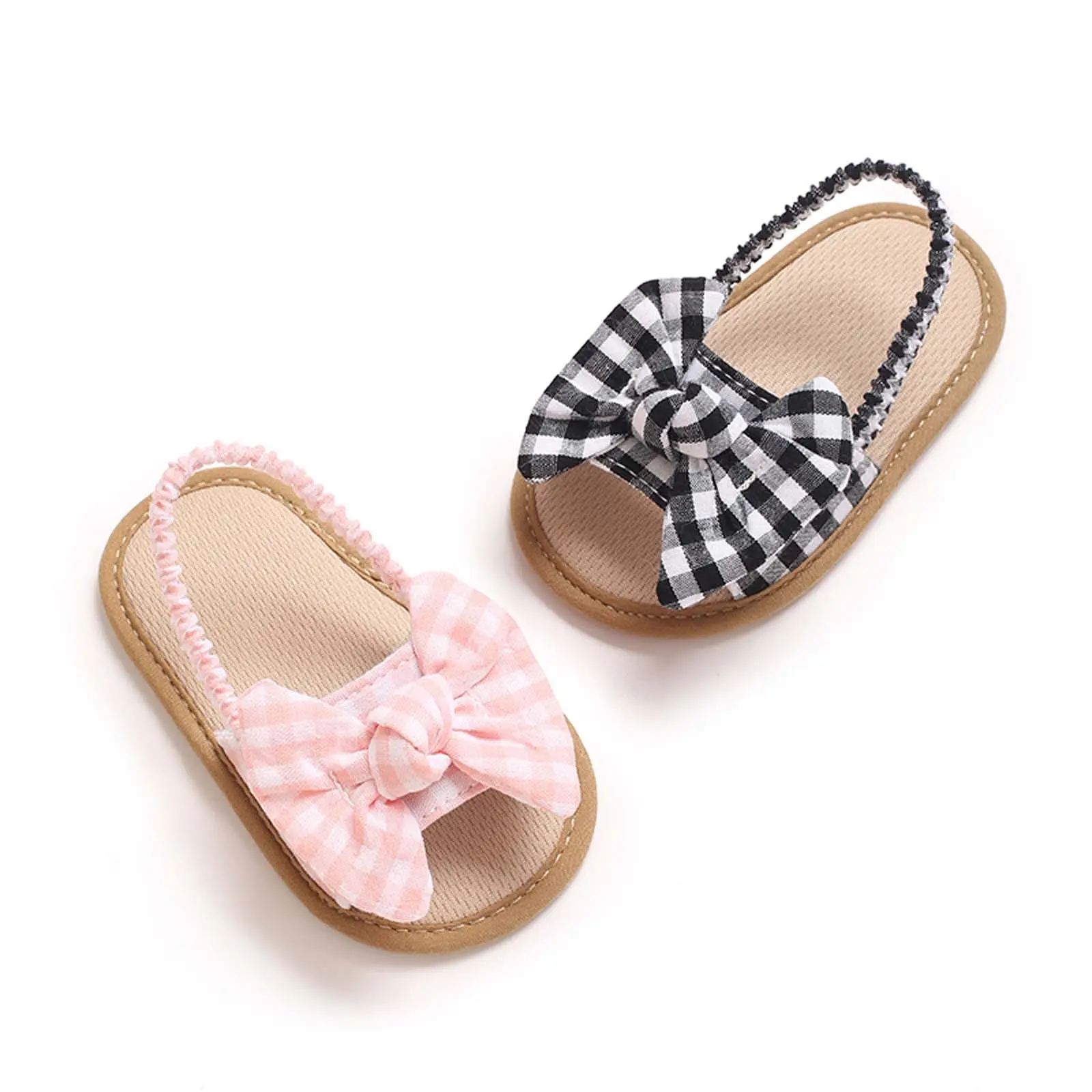 [Lullaby] Baby Girl Summer Plaid Sandals Anti-slip Sole Open-Toe Bow Dress Shoes for Outdoor, School, Party