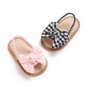[Lullaby] Baby Girl Summer Plaid Sandals Anti-slip Sole Open-Toe Bow Dress Shoes for Outdoor, School, Party