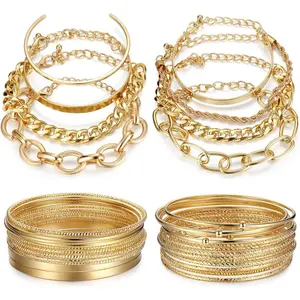 FINREZIO 33Pcs Gold Stackable Bangle Bracelets Set For Women Boho Indian Dainty Multiple Layered Stackable Open Cuff Wrap Bangles Adjustable Trendy Paperclip Link Italian Cuban Chain Jewelry For Women Daily