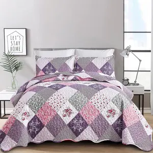 Purple Quilt Set Queen Size, Reversible Floral Plaid Patchwork Pattern Bedding Set Soft Microfiber Lightweight Bedspread Coverlet 3 Piece For Spring Summer Use (90x90 inches)