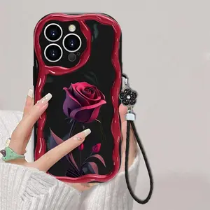 Dark red rose phone case,for iPhone 17 16 15 14 13 12 11 X 8/7 Samsung Galaxy S25 S24 S23 S22, creative cream-style full-coverage silicone soft case for women, anti-fall protection，paired with a four-leaf clover lanyard 995
