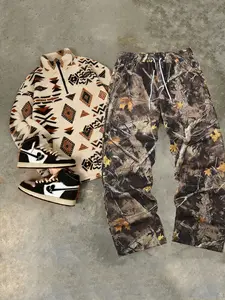 TikMen Ethnic Style Fleece Hoodie and Tree Pattern Pants Set, Retro Totem Half-Zip Stand Collar, Casual Warm for Fall & Winter