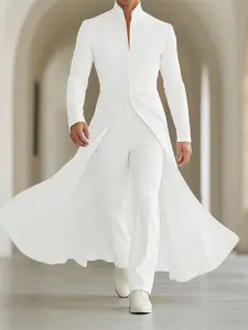 INCERUN Men's Fashion Simple Solid Color Polyester Stand Collar Top, Long Sleeve, Long Pleated Blazer Suit, Daily Wear, Casual Style, Perfect for Everyday Use