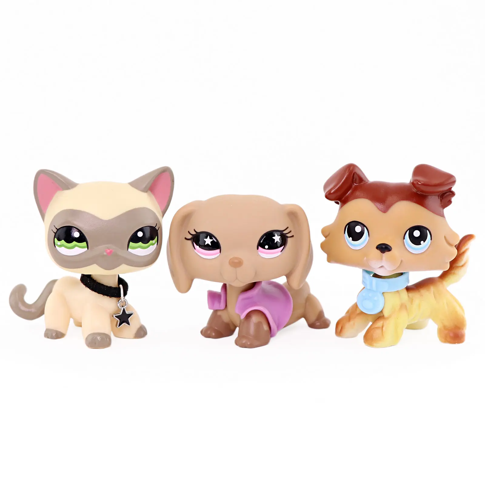 3 Pcs Mini Pet Figurines Set, Masked Short Hair Cat, Dachshund Puppy & Collie Dog Figures with Star Charm Collar, Purple Vest & Light Blue Tag Collar Accessories, Hand-Painted Collectible Animal Statues, Mini Doll Gift for Kids Girls Birthday Party Favor