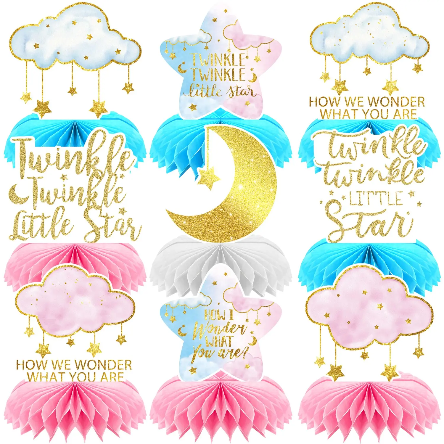 9Pcs Twinkle Twinkle Little Star Honeycomb Table Party Centerpieces Decorations for Baby Shower Gender Reveal Birthday Decorations, Star Moon Cloud What Will You Be Party Decor, Tabletop Centerpiece