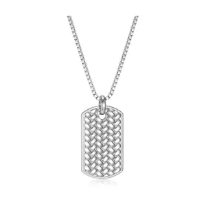 Men's Woven Designed Dog Tag Pendant w/Chain, Sterling Silver