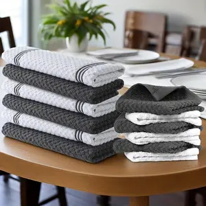 12pcs 100% Cotton Kitchen Towel Set |   6 Hand Towels (15" X 25"), 6 Wash Towels (12" X 12") - Striped Weave, Absorbent & Durable Dish Towels For Cooking, Cleaning & Drying - Perfect For Christmas & Holiday Kitchens