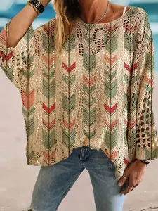 Spring Summer Round Neck Geometric Print Batwing Sleeve Top, Boho Style Loose-Fitting Outer Vest, Casual Layered Beach Vacation Wear