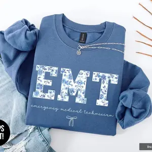 Blue Toile EMT Sweatshirt: Boho Floral Emergency Medical Technician Shirt, First Responder Gift