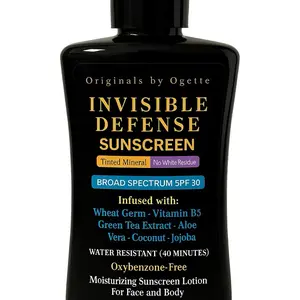 Ogette Invisible Defense Sunscreen for Melanin Skin SPF 30 Broad Spectrum Tinted Mineral Formula with Wheat Germ Vitamin E Green Tea Extracts Aloe Vera Coconut Jojoba 3.4oz