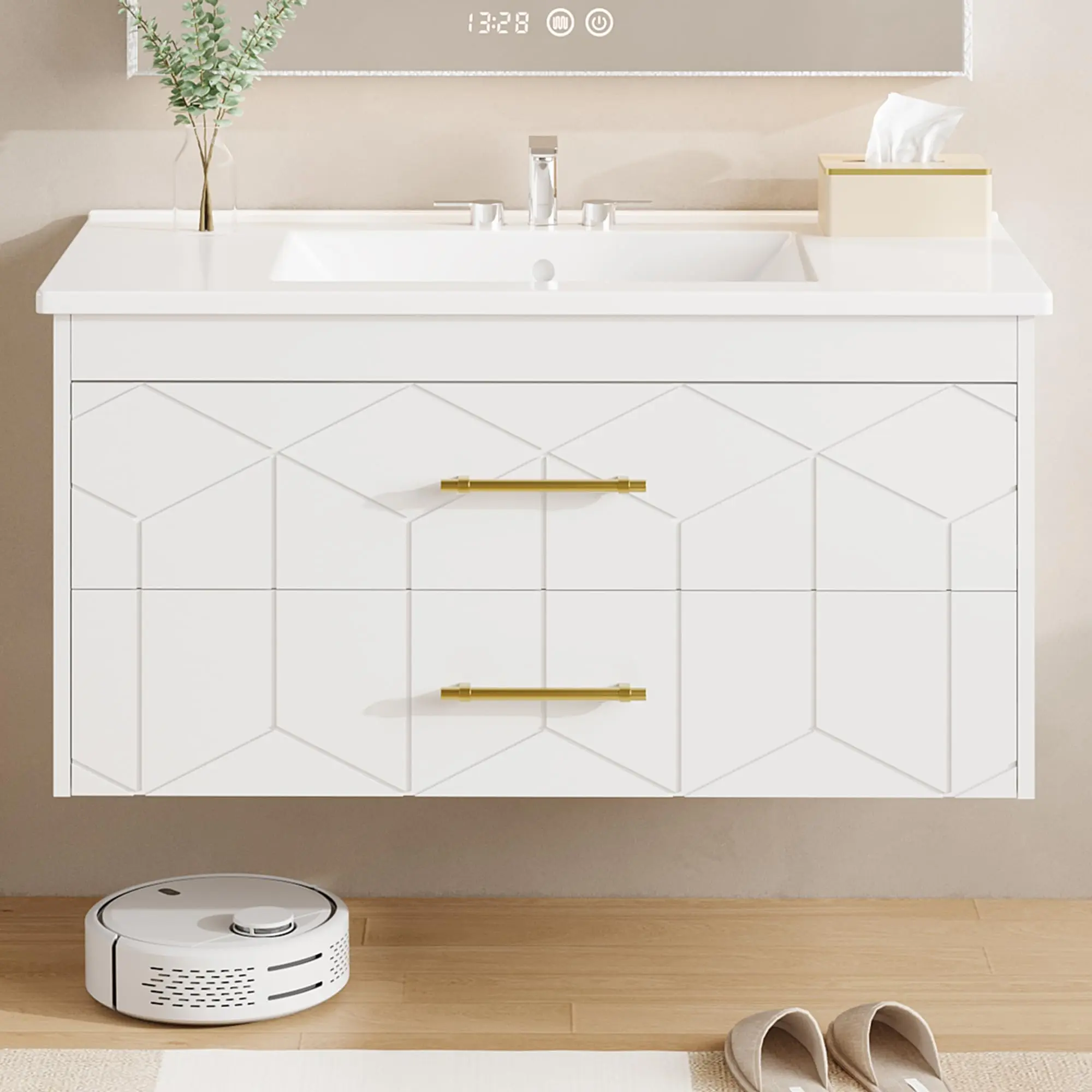 Garvee Modern Floating Bathroom Vanity with Sink, Ceramic Basin, 2 Large Storage Drawers with Gold Metal Handle, Wall Mounted Cabinet (No Faucet)