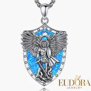 S925 Sterling Silver St. Michael Necklace, Saint Michael Pendant, Unique Medal with Blue Opal for Military, Religious Patron Saint Jewelry Gift