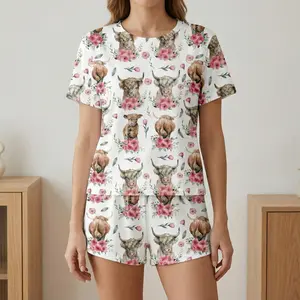 Women's All Over Cow & Floral Print Short Sleeve Crop Top & Elastic Waist Shorts, Soft Knitted Fabric, Casual Comfy Summer Sleepwear Pajama Set for Women