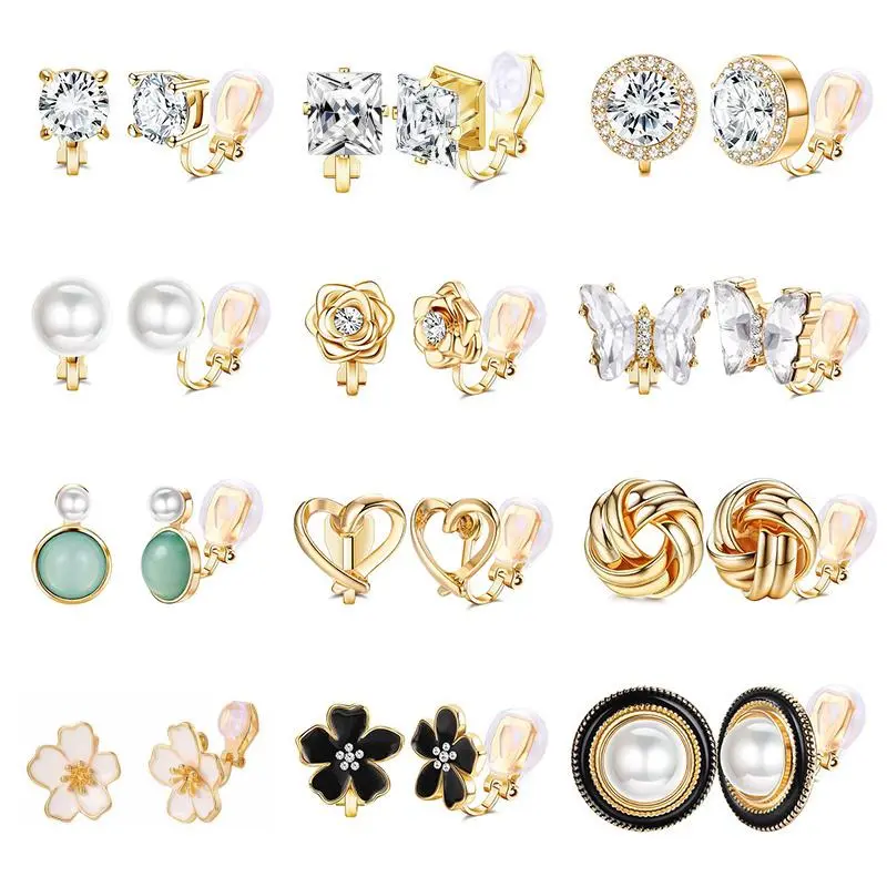Women's 12-Pair Ear Clips Set with Flower, Heart & Pearl Designs, Sparkly No Piercing Costume Jewelry, Ideal Christmas Birthday Gift, Heart Earrings, Anniversary, Pearls Earrings, Earring Stacks, Gift Ideas