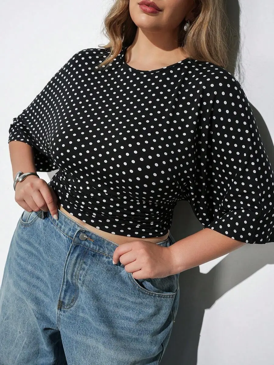 [FREE SHIP DEAL] Plus Size Black And White Polka Dot Round Neck Waist Cinched Short Sleeve Top, ern 1950s Vintage Urban Romantic Fashionable Vacation Attire Summer