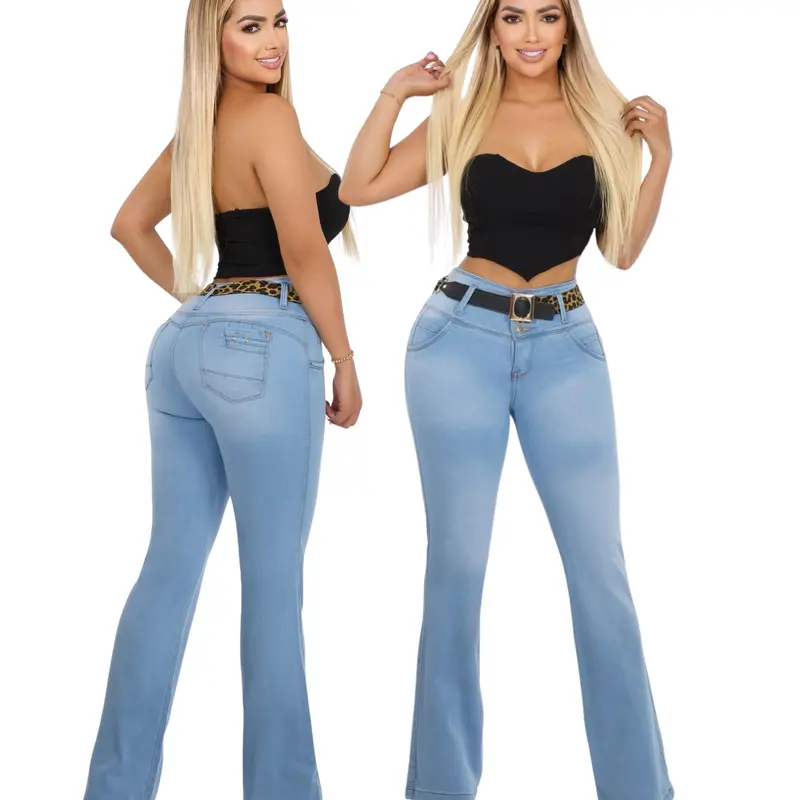 Women's High-Waist Curvy Denim Colombian Levantacola Jeans - Elastane Stretch, Above-Ankle Split, Cold-Wash Safe, Tummy Controlling, Sporty Chic Casual Outfits for Active Days
