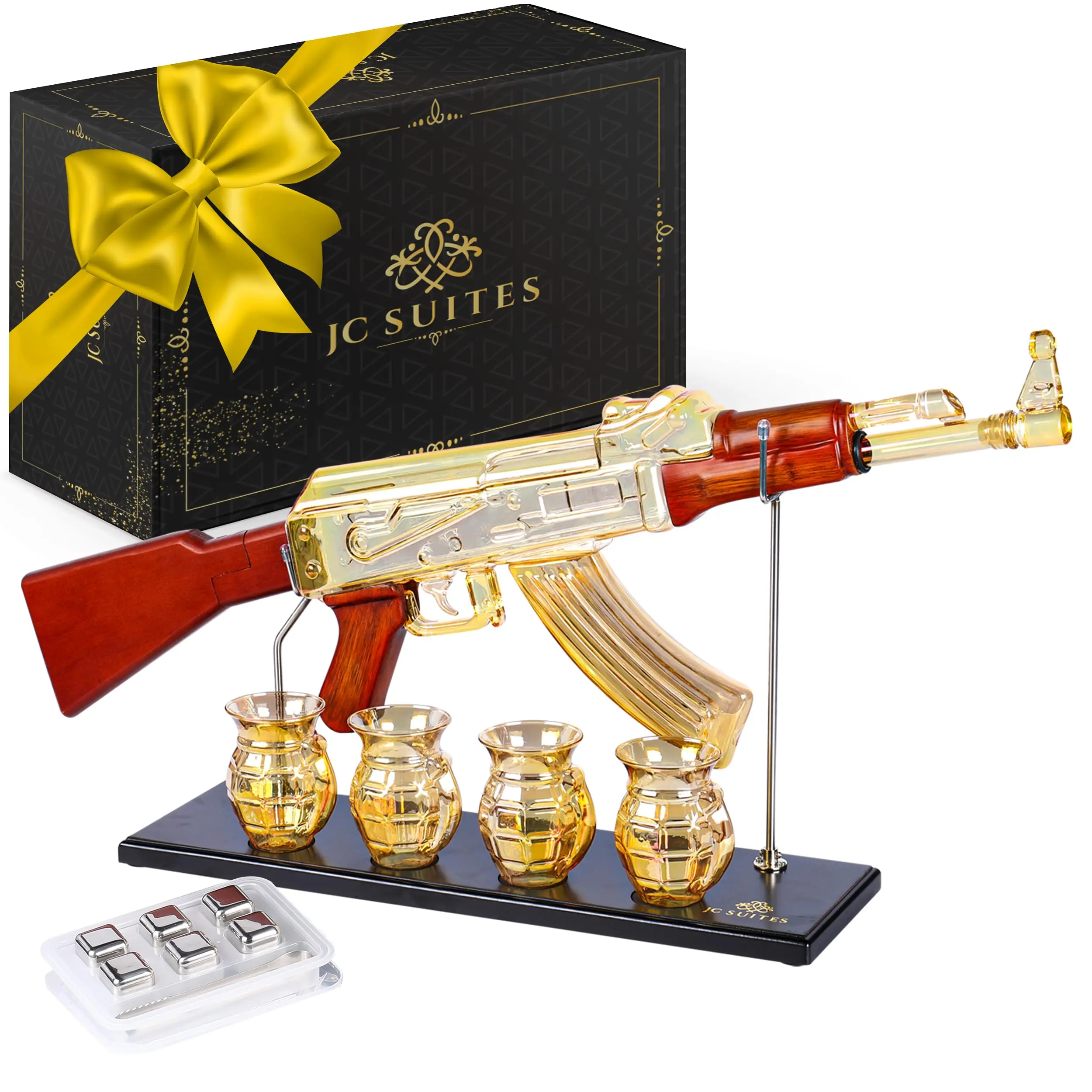 Deluxe Golden Decanter Set - Functional Barware with Bar Utensils, Grenade Glasses, Rifle Form Design, Ice Cubes, Novelty Appeal for Gathering, Ideal Gift for Collectors