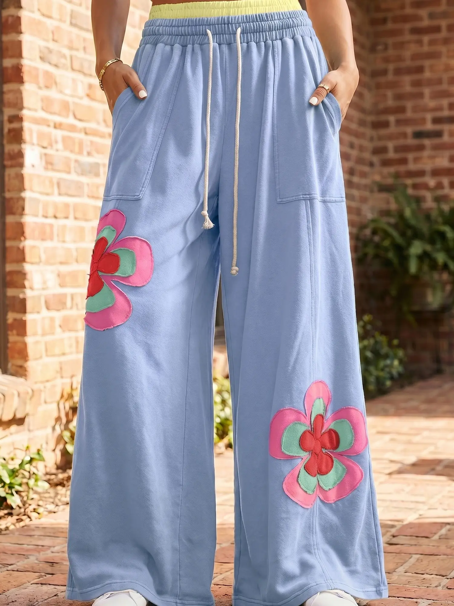 Must-Have Oversized Floral Patchwork Pants - Going Viral on TikTok!Comfy 80% Cotton Wide Leg Trousers - Cute Floral Patchwork Design