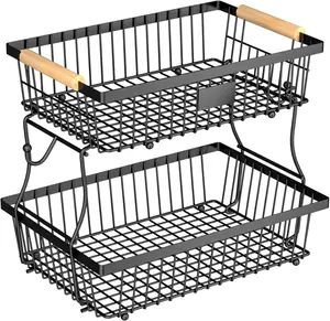2 Tier Fruit Basket for Kitchen Counter with 2 Banana Hangers, Countertop Metal Bread Basket with Wooden Handle, Large Storage Stand for Vegetables, Snacks, Eggs, Produce Storage – Black