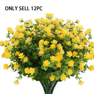12 Bundles Artificial Flowers for Outdoors UV Resistant, Decorative Artificial Flower, Yellow Realistic Fake Outdoor Flowers Fake Plants, Plastic Faux Flowers for Outdoor Planters Front Porch Garden Window Box Farmhouse Decor